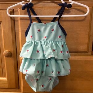 Adorable Ruffled Baby Girl’s Bathing Suit Green w/Beach Umbrellas Size 3-6 Month